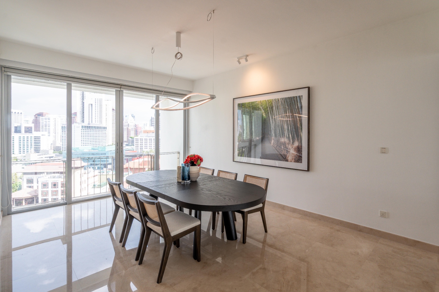 Draycott 8 — formal dining room in marble with balcony and skyline outlook