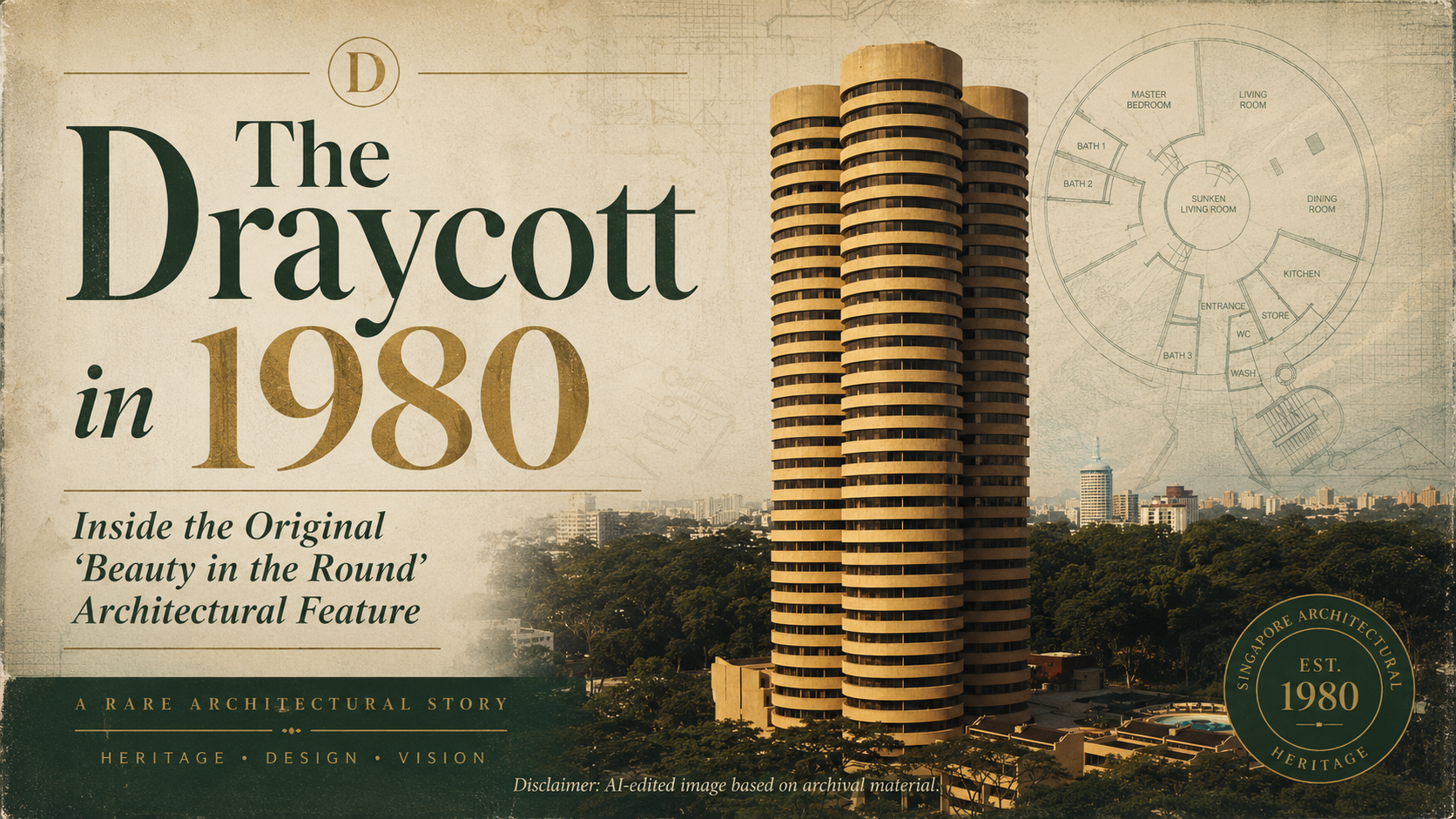 Archival composition of The Draycott's original circular towers alongside a 1980 architectural floor-plan sketch.