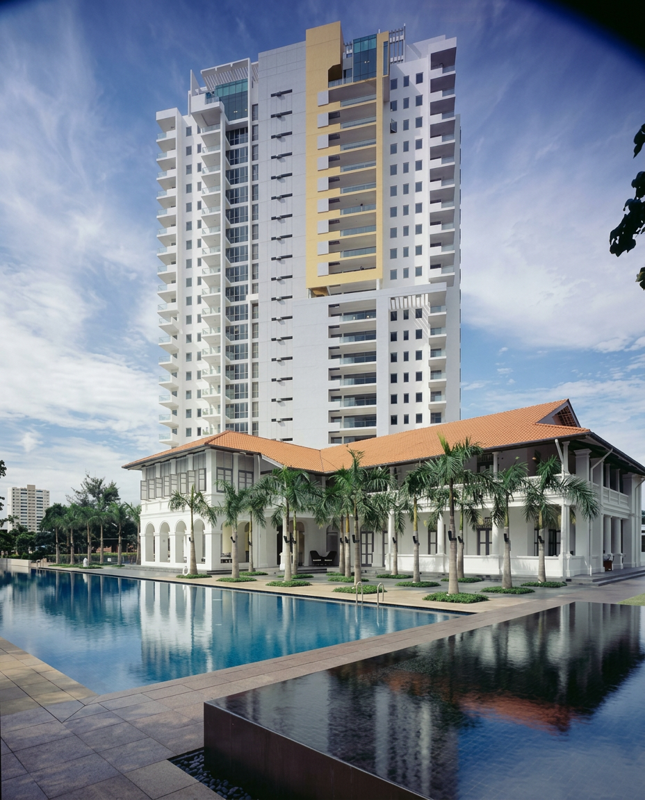 Draycott 8 tower rising behind the heritage colonial clubhouse at the reflecting pool, Ardmore District 10 Singapore