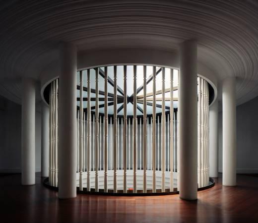 Restored double-volume colonnade inside the Draycott 8 clubhouse